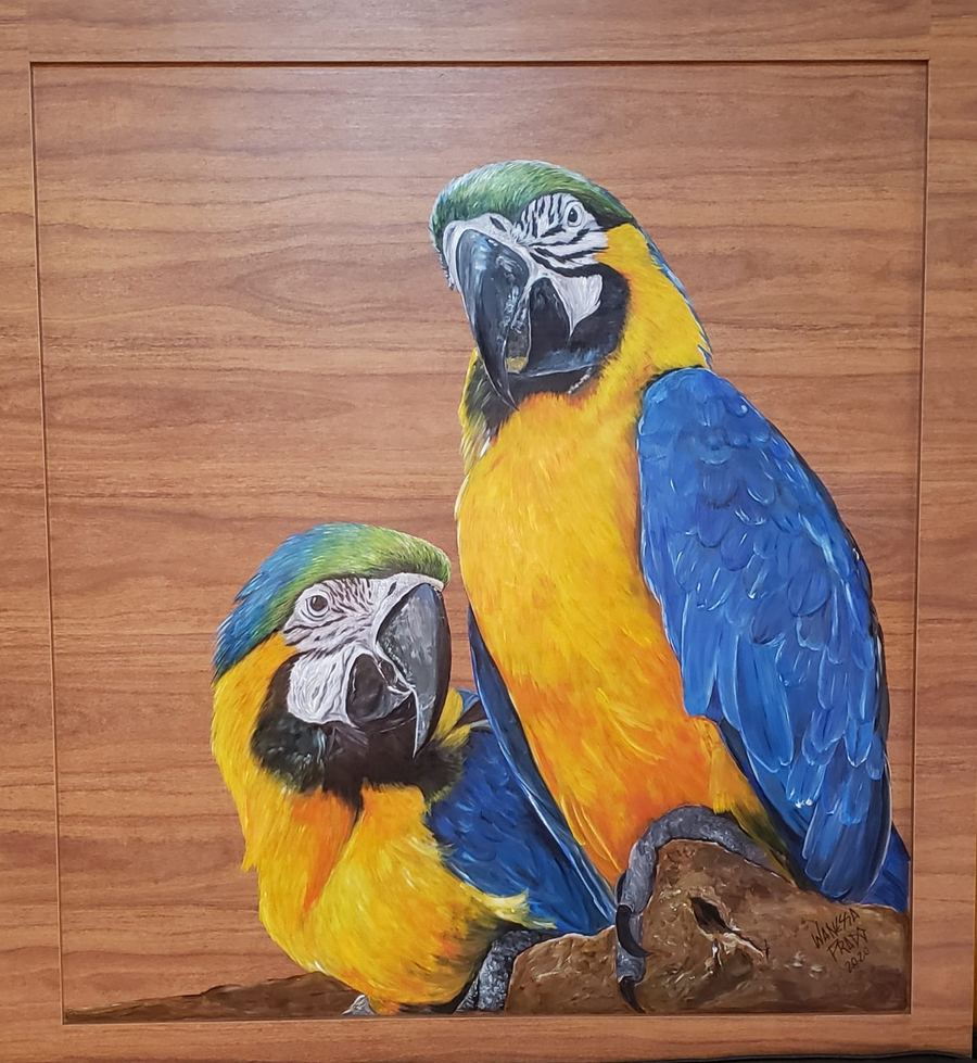 Araras Canindé, 120 x 140, acrílico sobre madeira, Brasil 2020.