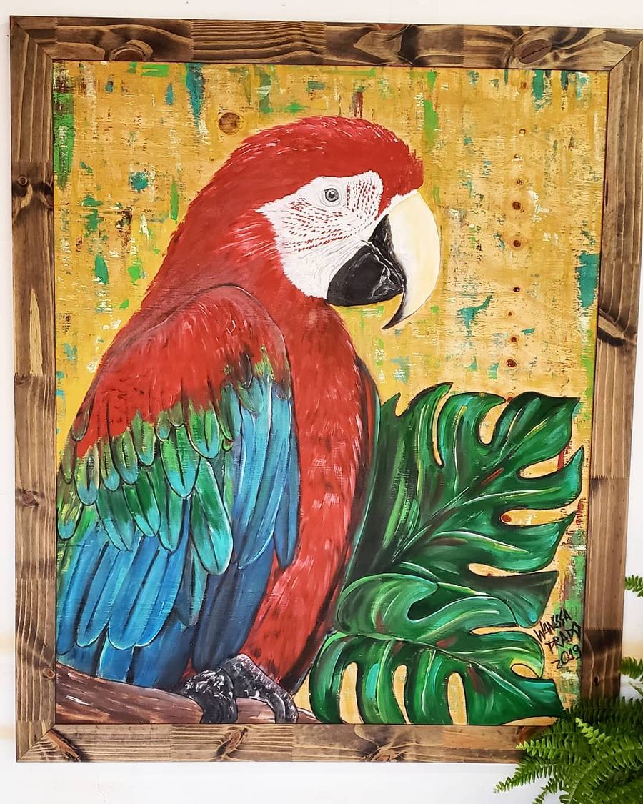 Arara Vermelha Grande, 100 x 120, acrílico sobre madeira, Brasil 2019.