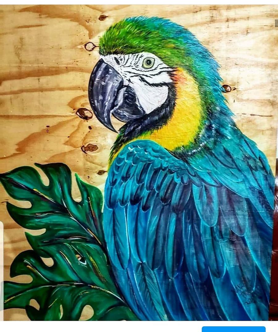 Arara Canindé, 100 x 120, acrílico sobre madeira, Brasil 2020.