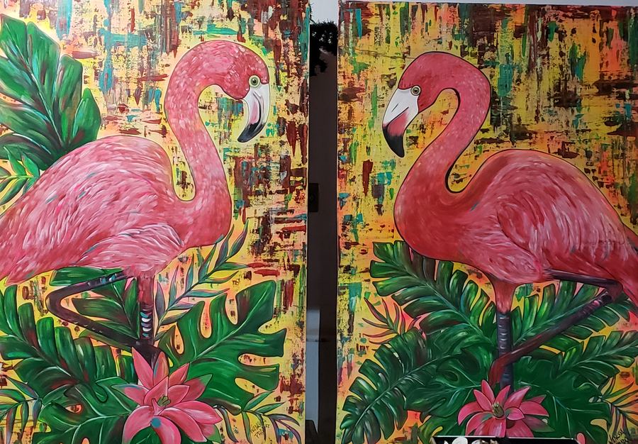 Flamingos, acrílico sobre madeira