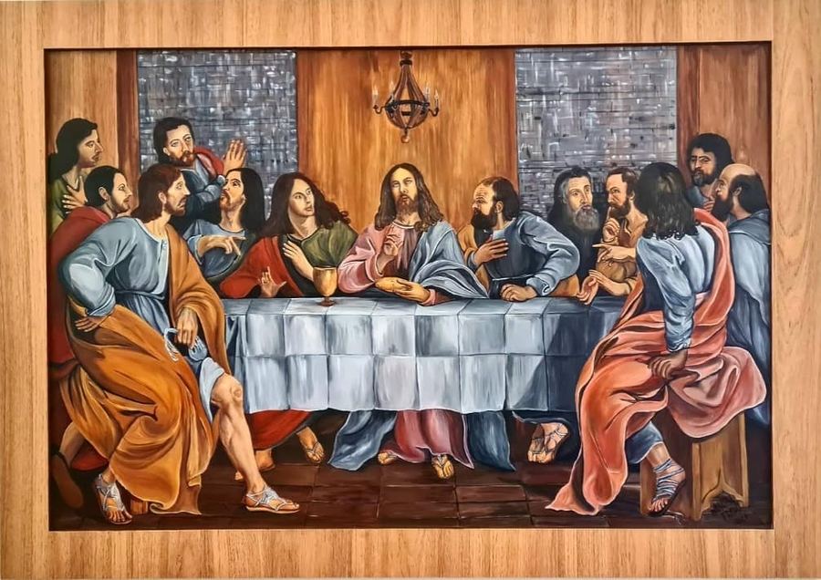 Ultima Ceia XV, acrílico na madeira 153 x 108, Brasil 2021. (Releitura "A Ultima Ceia", de Philippe de Champaigne, 1652, óleo sobre tela, 158 x 233, Museu do Louvre, Paris)