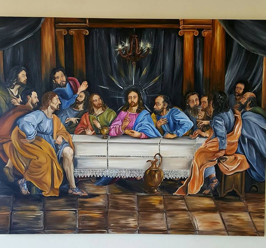 Releitura Santa Ceia XIV , 1,50m x 1,20m, acrílico sobre tela, Brasil 2017. A imagem para a releitura é de 1652 do pintor Philippe de Champaigne, que se encontra no Museu do Louvre