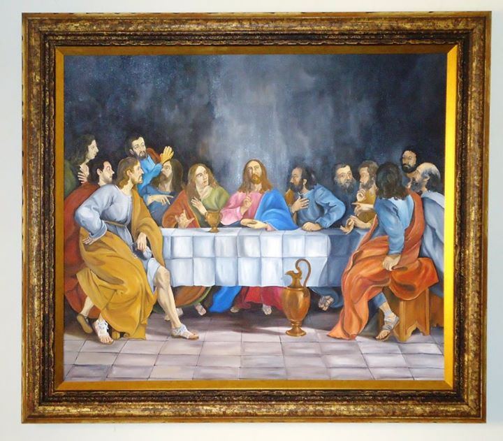 Releitura Santa Ceia XII , 1,50m x 1,20m, acrílico sobre tela, Brasil 2017. A imagem para a releitura é de 1652 do pintor Philippe de Champaigne, que se encontra no Museu do Louvre