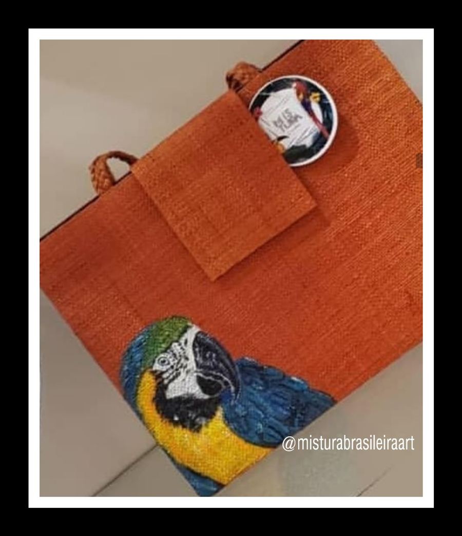 Bolsa Carteira Palha Grande Laranja Arara Canindé