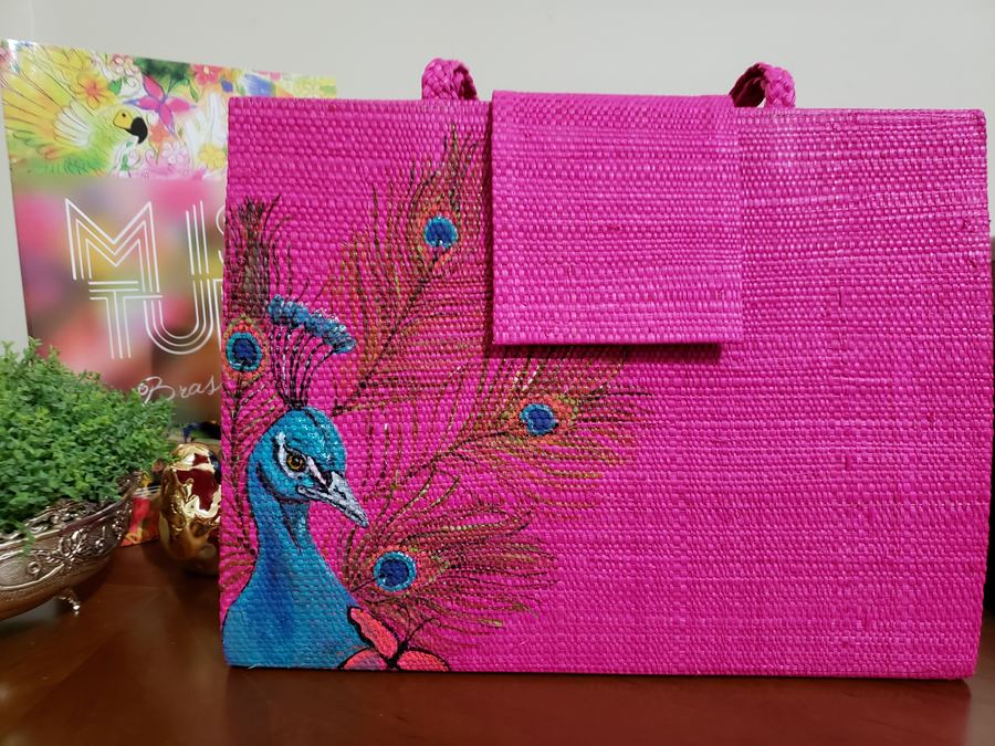 Bolsa Carteira Palha Grande Rosa Pavão